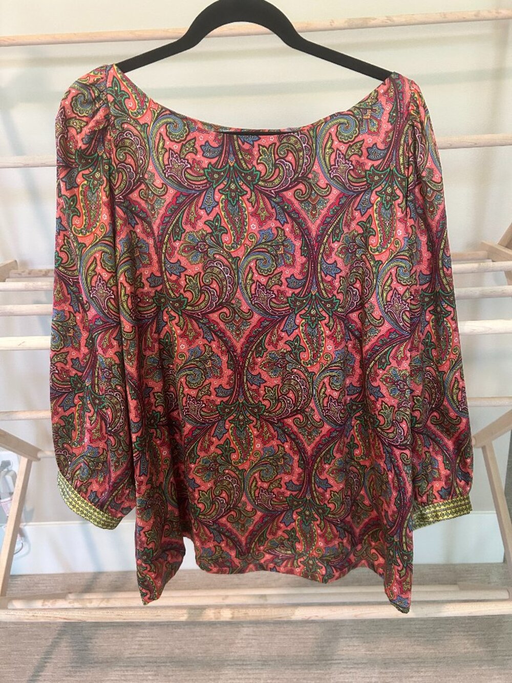 LOFT Pink Coral Vibrant Paisley Boatneck Balloon Sleeve Blouse XL